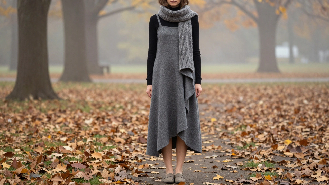 Асимметричный сарафан из шерсти с драпировкой, тонкая водолазка и лоферы на осенней прогулке.
