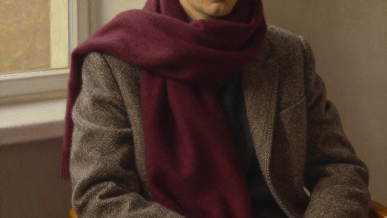 Бордовый кашемировый шарф и шерстяной пиджак на деревянном стуле в теплом свете, акцент на текстуре и утонченной палитре.