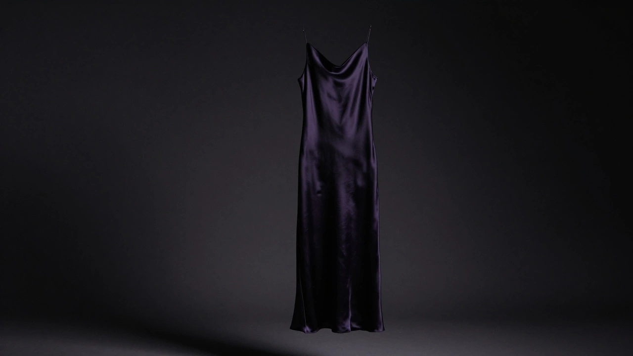 Черное шелковое платье с фиолетовым подтоном в темной студии, свет подчеркивает объем и текстуру ткани.