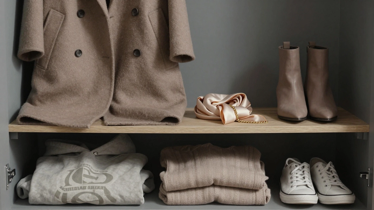 Минималистичная полка с актуальной одеждой и выброшенными трендами прошлого года