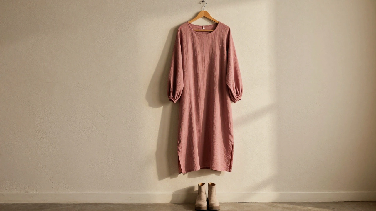 Минималистичное платье с фонариковыми рукавами и разрезом висит на деревянной вешалке в тёплом свете.