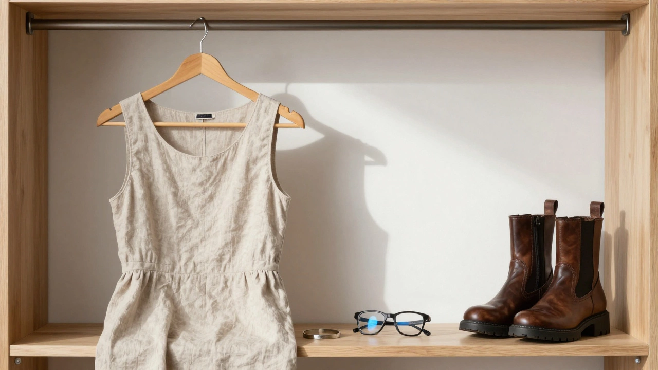 Минималистичный гардероб: льняное платье, браслет, очки и ботинки на толстой подошве.