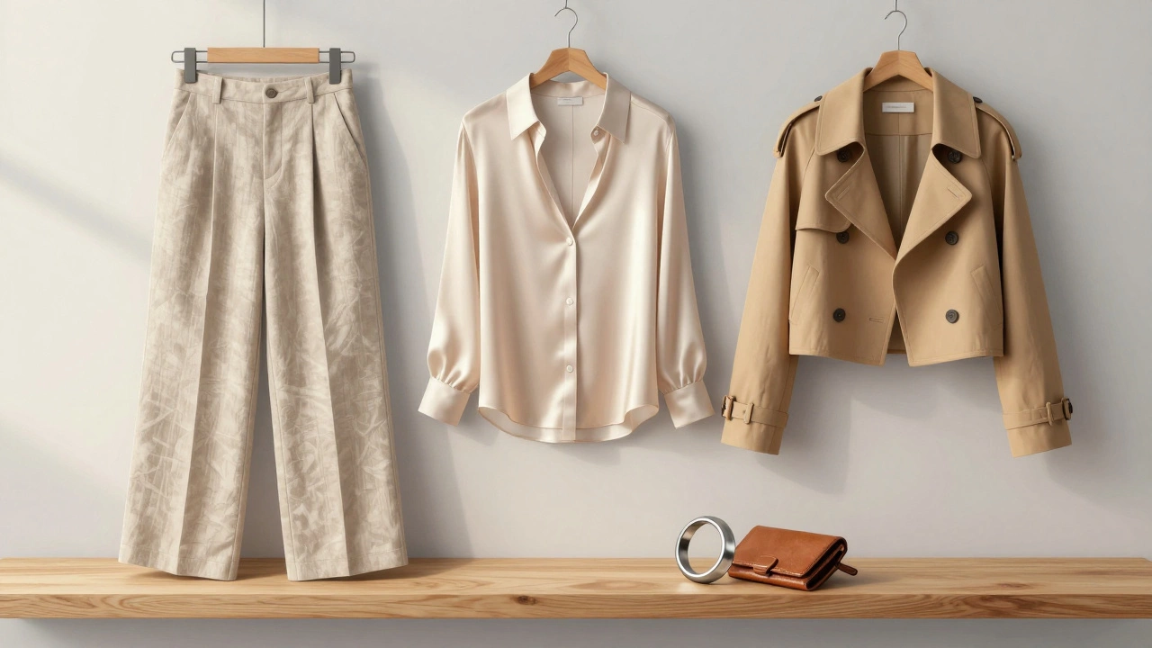 Минималистичный гардероб на деревянной полке: льняные брюки, шелковая блуза, плащ и кольцо из титана в натуральных тонах.