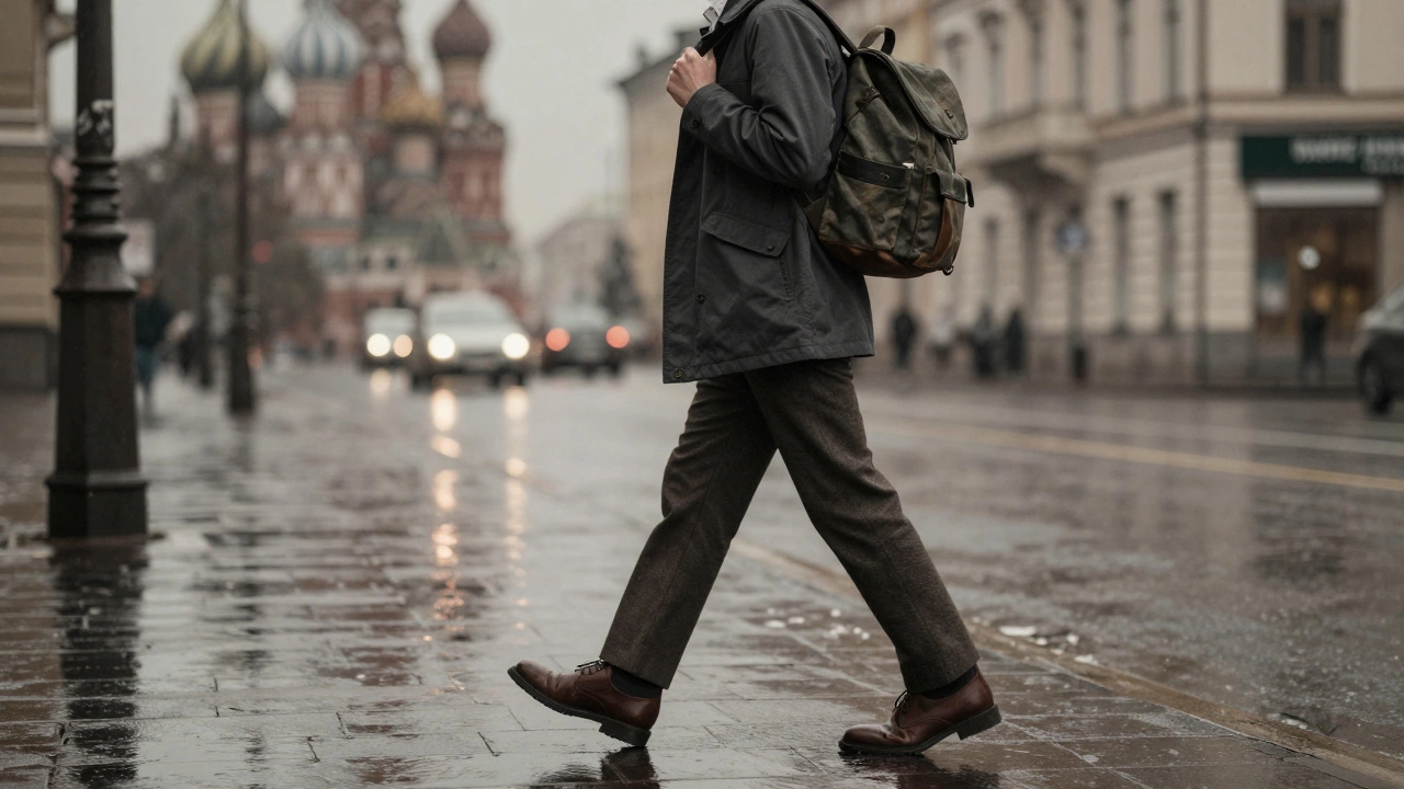 Мужчина идет по мокрой улице в нейтральной одежде с рюкзаком из переработанного нейлона.