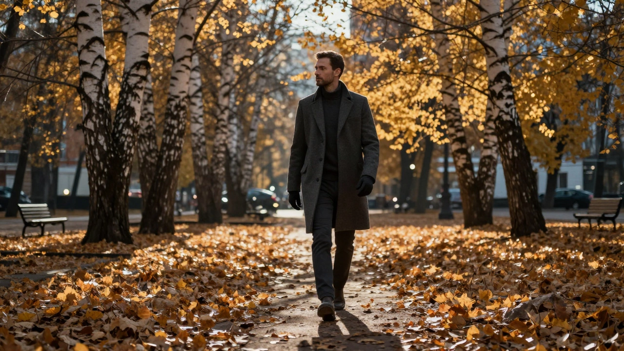 Мужчина идет по парку в Москве, его силуэт виден среди золотых берез, в классическом осеннем наряде без лишних деталей.