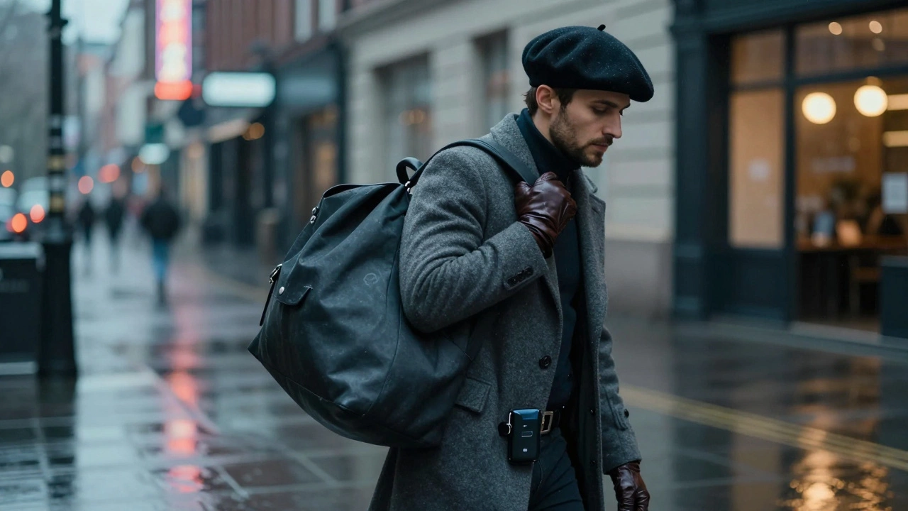 Мужчина в берете и гигантской сумке идет по мокрой улице в перчатках с логотипом