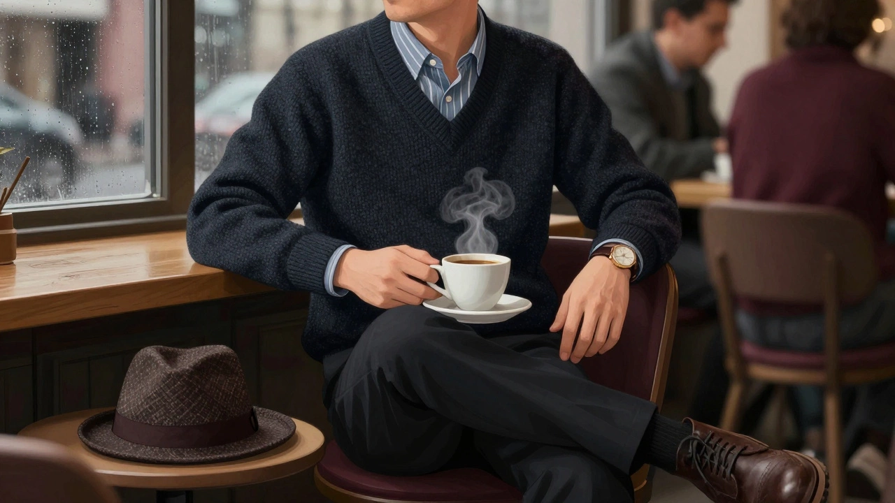 Мужчина в свитере из мериносовой шерсти сидит в кафе, на руке кожаные часы, рядом чашка кофе и твидовая шляпа.