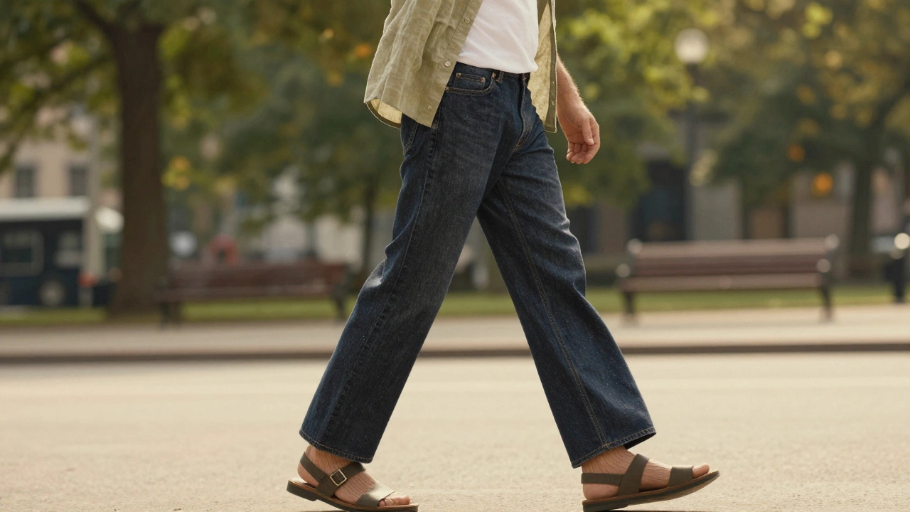 Мужчина в темно-синих джинсах и оливковой льняной рубашке гуляет по парку в кожаных сандалиях.
