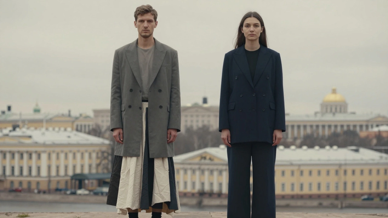 Мужчина в юбке и женщина в широких брюках стоят рядом в минималистичных пальто, фон — смешанные городские пейзажи России.
