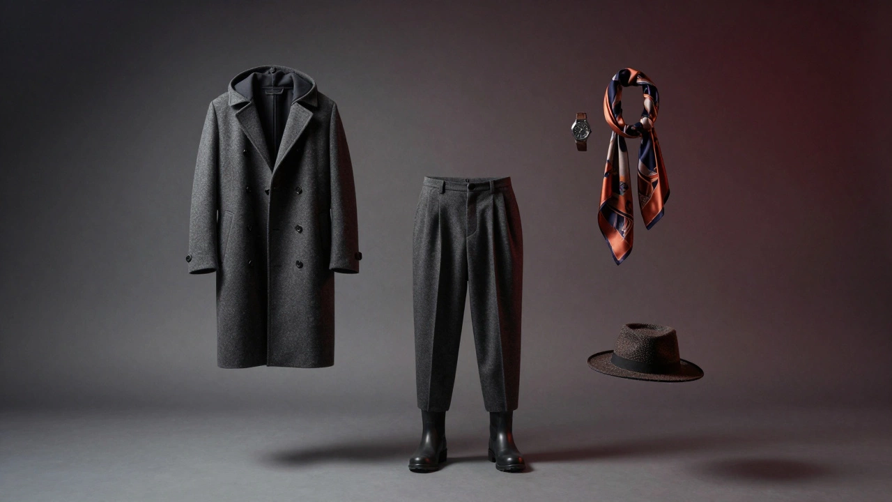 На сером фоне висят элементы мужской осенней моды 2024: пальто, брюки, ботинки, шляпа, шарф и часы — без людей, только ткани.