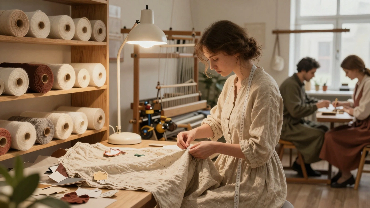 Портной шьёт платье из льна в мастерской в Твери, вокруг — натуральные ткани.