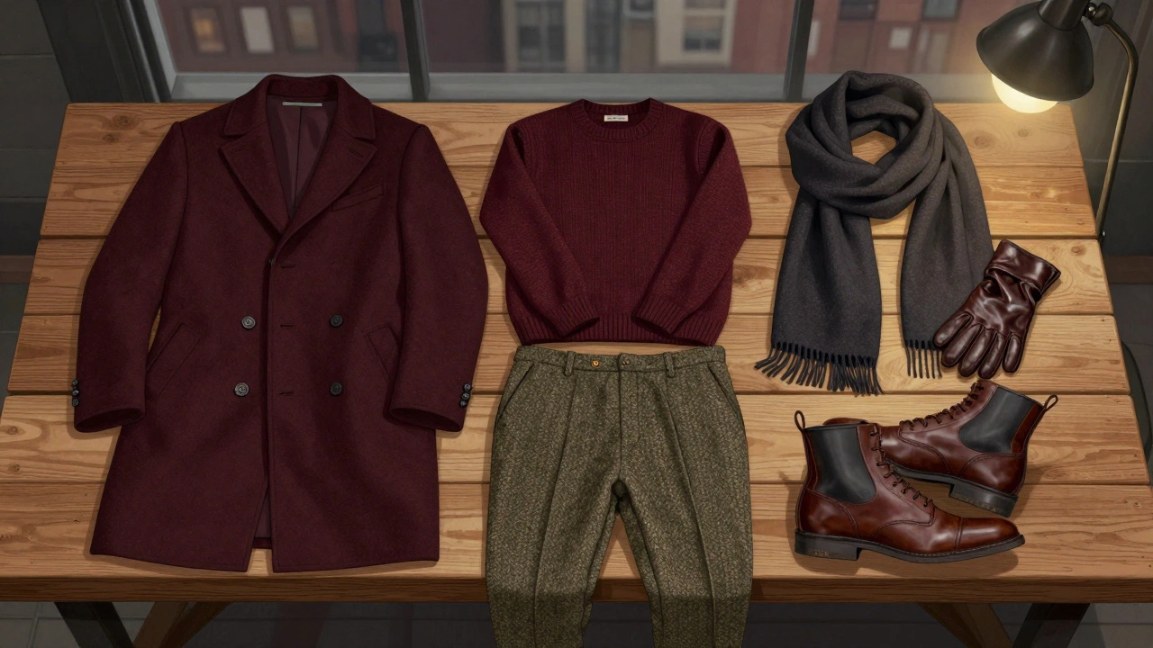 Разложенные на деревянной скамье осенние мужские вещи: пальто, свитер, брюки, ботинки и шарф — без логотипов, в землистых тонах.