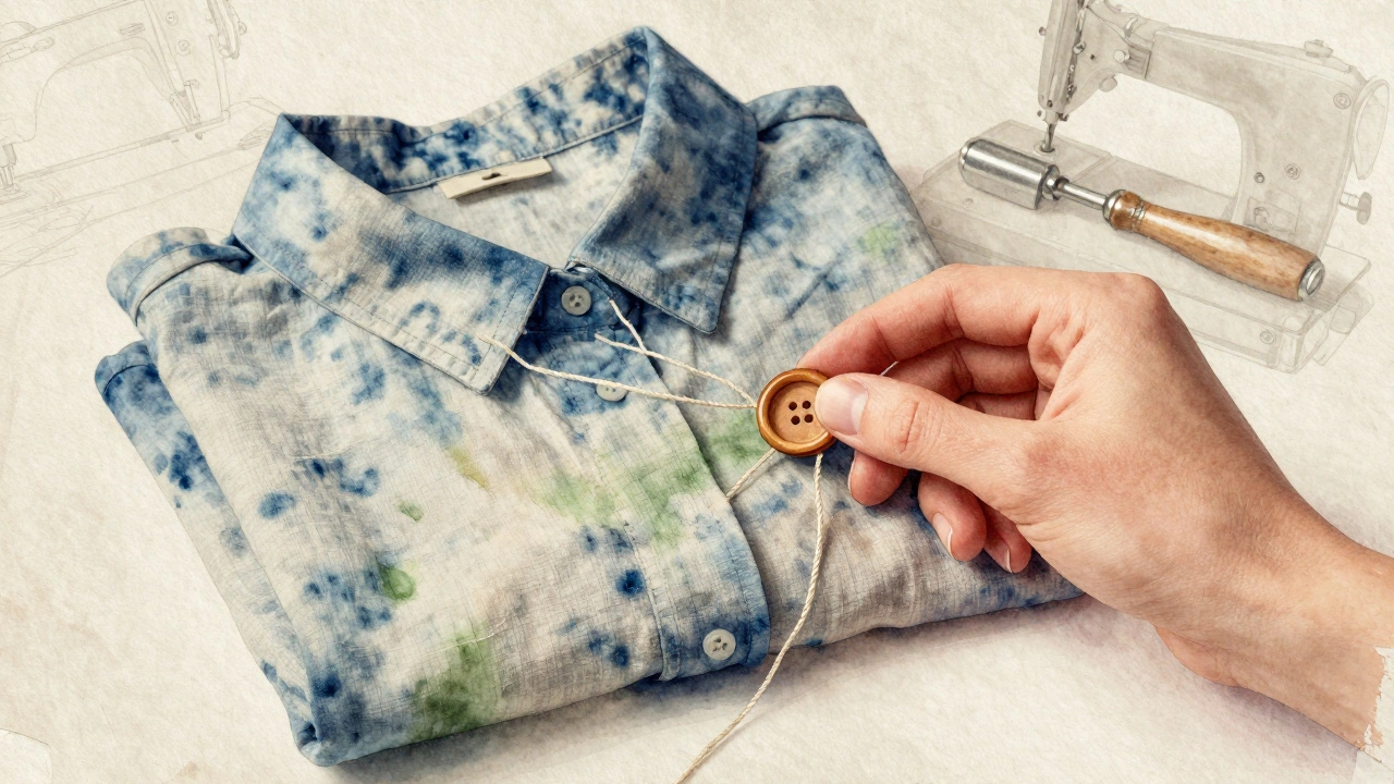 Рука держит деревянную пуговицу рядом с сложенной льняной рубашкой, фон — текстура переработанной бумаги.