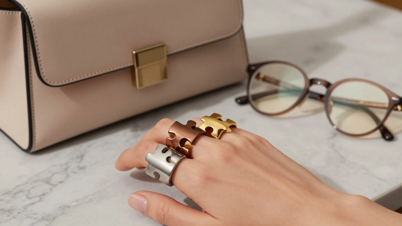 Рука с четырьмя кольцами разной текстуры и очки с прозрачной оправой на фоне сумки