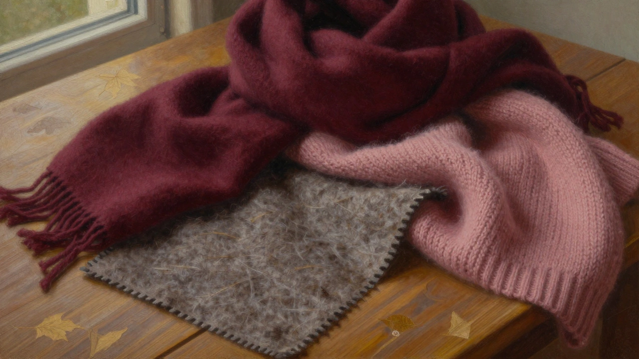 Текстуры бордового, пыльно-розового и серо-коричневого волокон на деревянной поверхности.