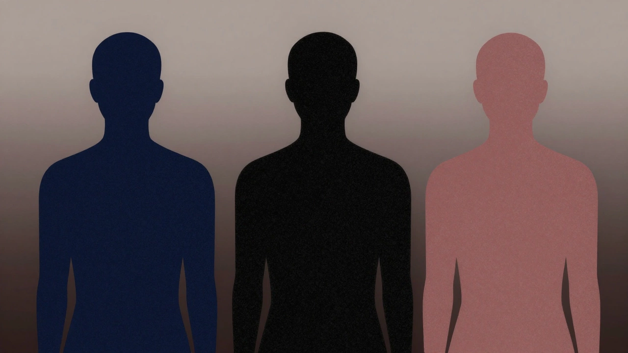 Три абстрактные фигуры в осенних оттенках: темно-синий, текстурированный черный и пыльно-розовый.