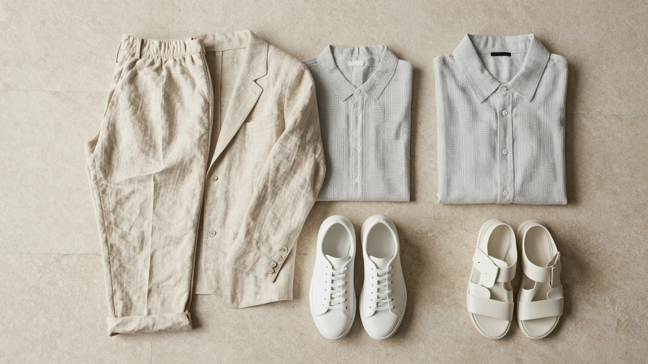 Три летних элемента одежды: льняные брюки, рубашка с мелким узором и минималистичные кроссовки на каменной поверхности.