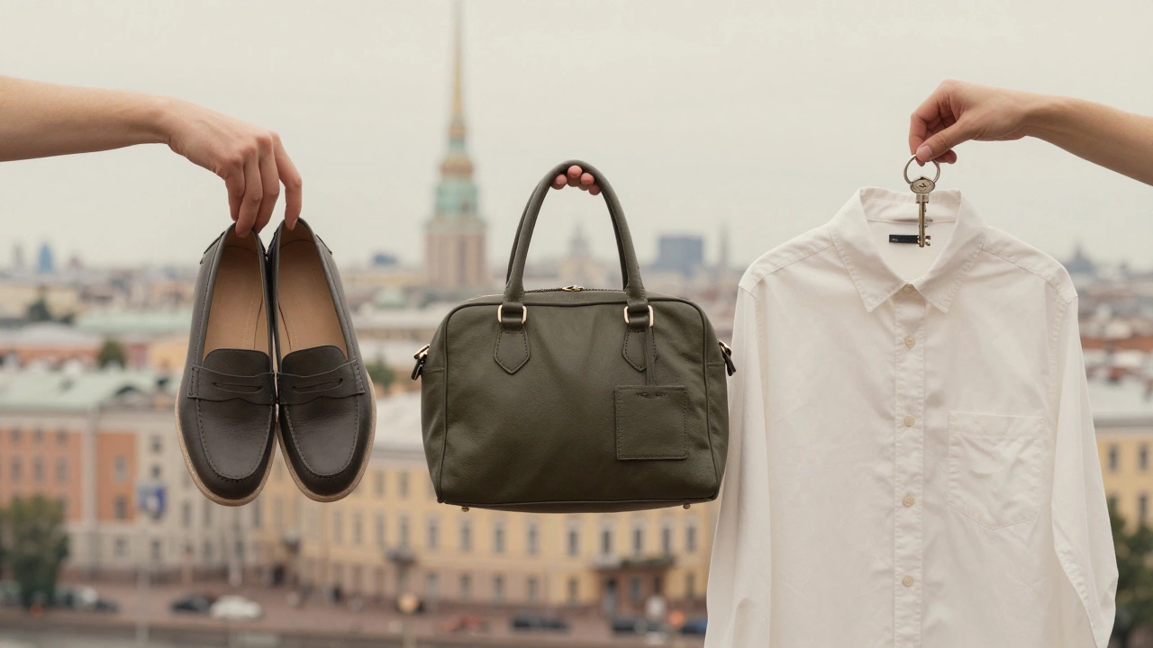 Три руки держат ключевые предметы одежды 2024 года — ботильоны, сумку и рубашку с деревянными пуговицами.