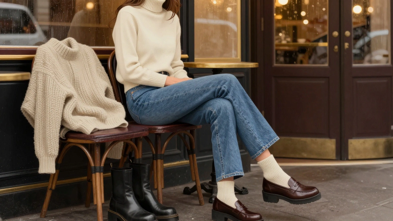 Женщина в джинсах и тонких носках с элегантными лоферами в кафе