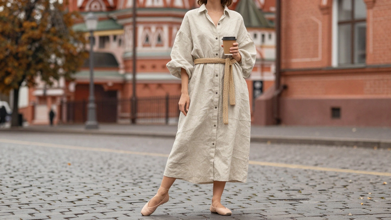 Женщина в платье-рубашке из льна с широким поясом стоит на московской улице с кофе в руке.