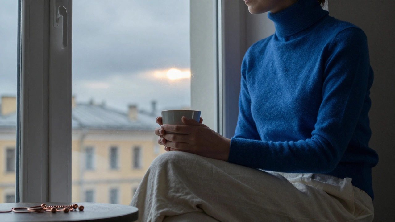 Человек в сапфирово-синем свитере и бежевых брюках сидит у окна, держит чашку, за окном — серое небо и слабый солнечный луч.