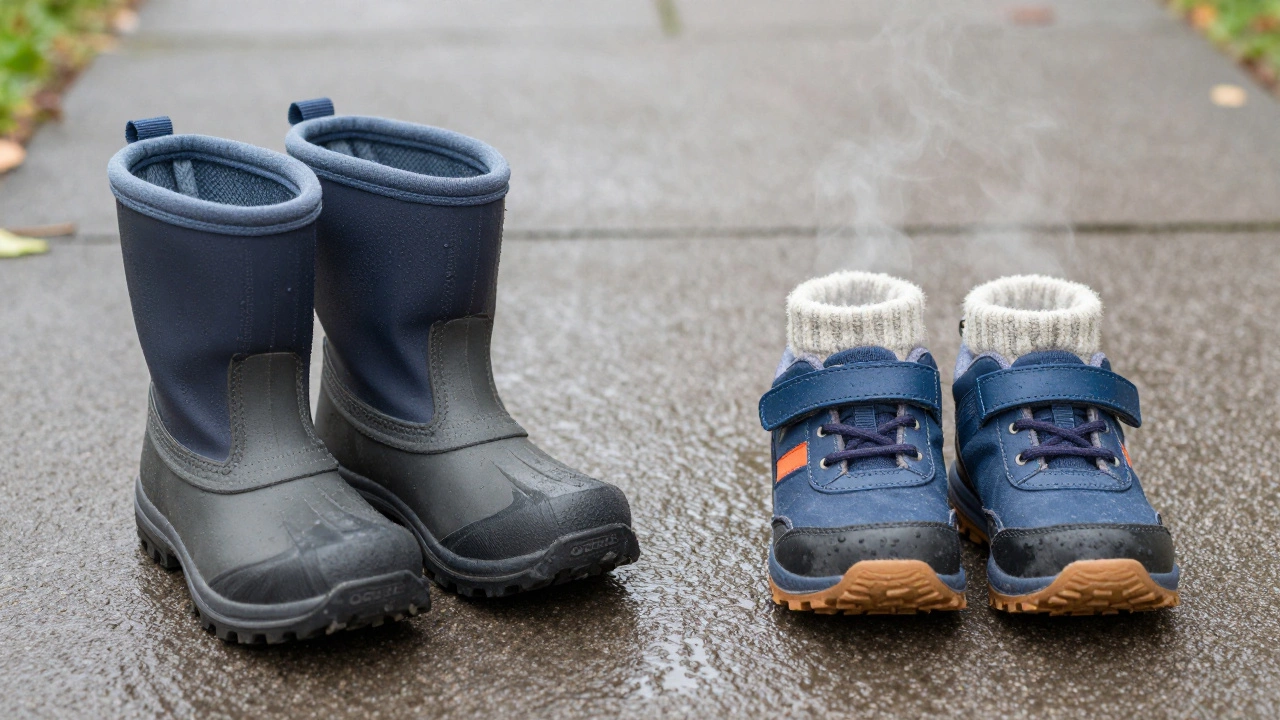 Детская обувь: синтетический зимний ботинок с влагой внутри и дышащая осенняя пара с сухими носками.