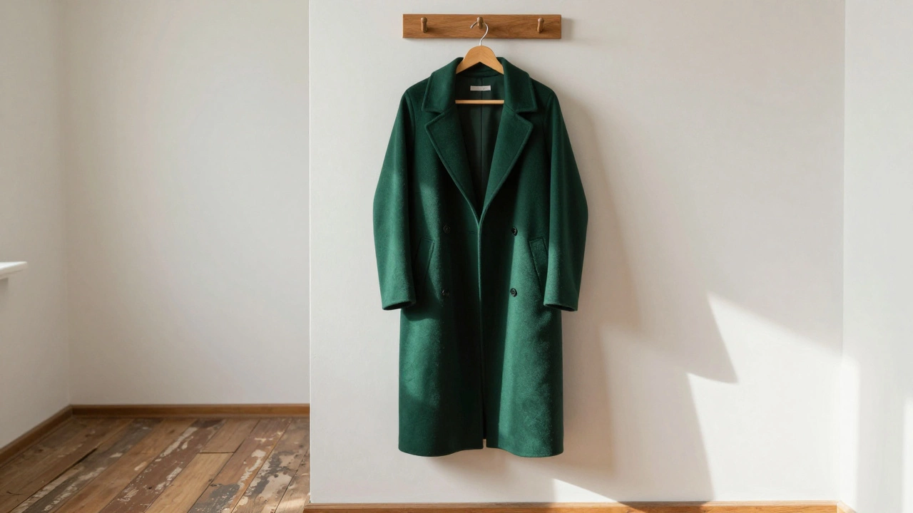 Глубокий изумрудный шерстяной пальто на деревянной вешалке в минималистичном коридоре.
