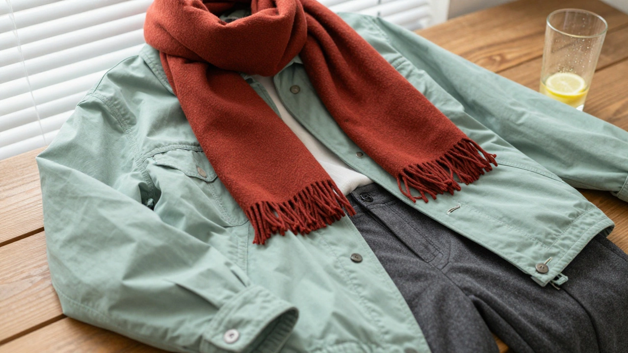 Матовая мятно-зеленая куртка, терракотовый шарф и серые брюки на деревянной скамье с бокалом лимонада под утренним светом.