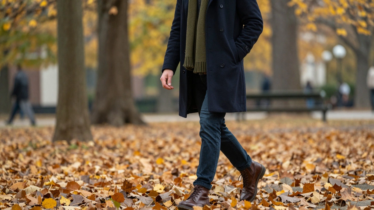 Мужчина в темно-синем пальто, коричневых ботинках и зеленом шарфе в осеннем парке