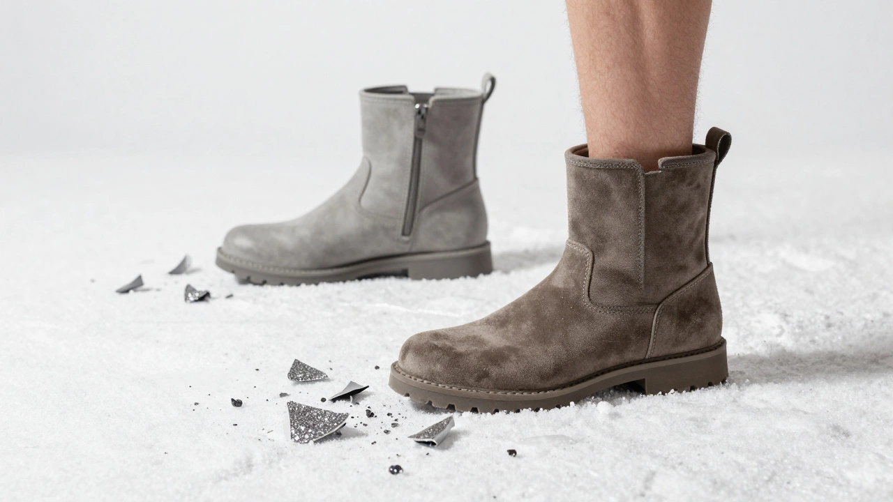 Разрушенные блестящие сапоги на снегу рядом с чистой моделью — символ ухода модных ошибок.