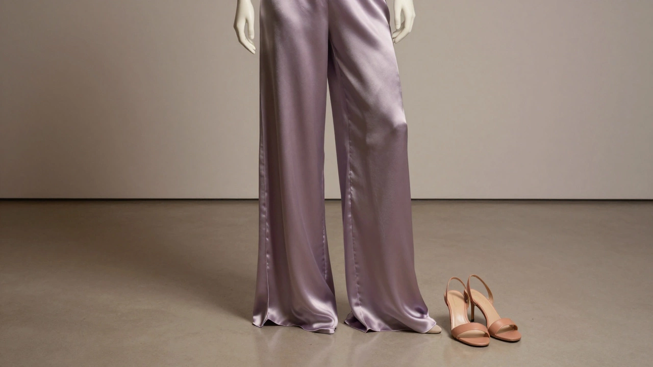 Шёлковые брюки-палаццо лавандового цвета аккуратно лежат на полу галереи.