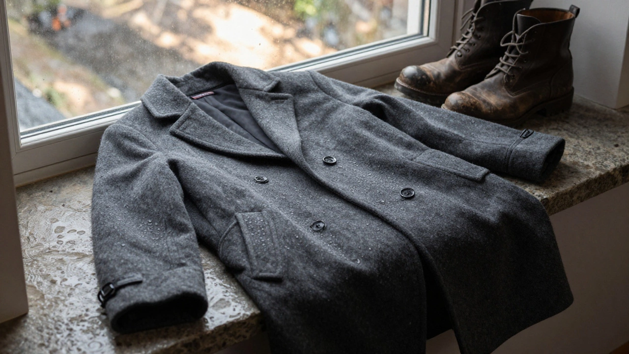 Смолисто-серое пальто на каменном подоконнике с каплями дождя и кожаными ботинками рядом.