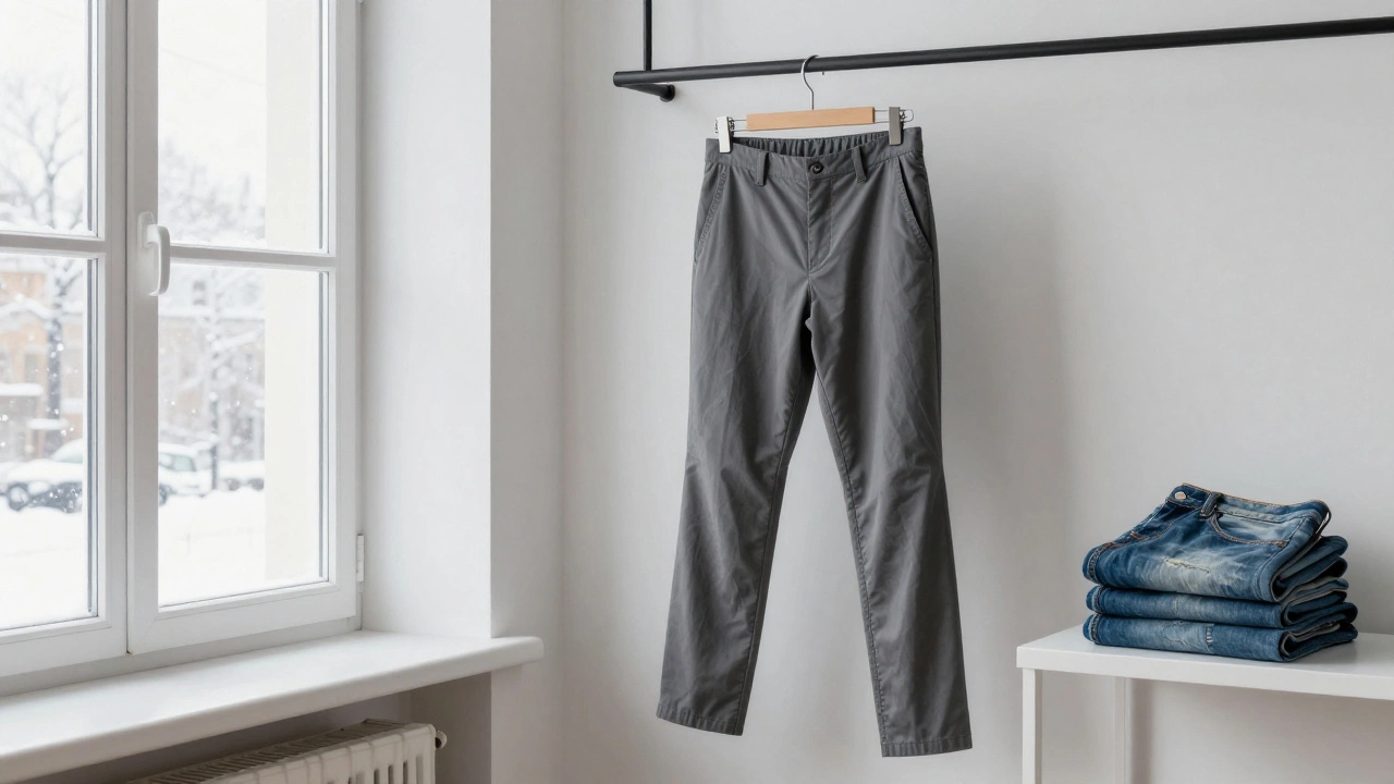 Современные лёгкие брюки висят на вешалке рядом с тяжёлыми джинсами, символизируя смену стиля.