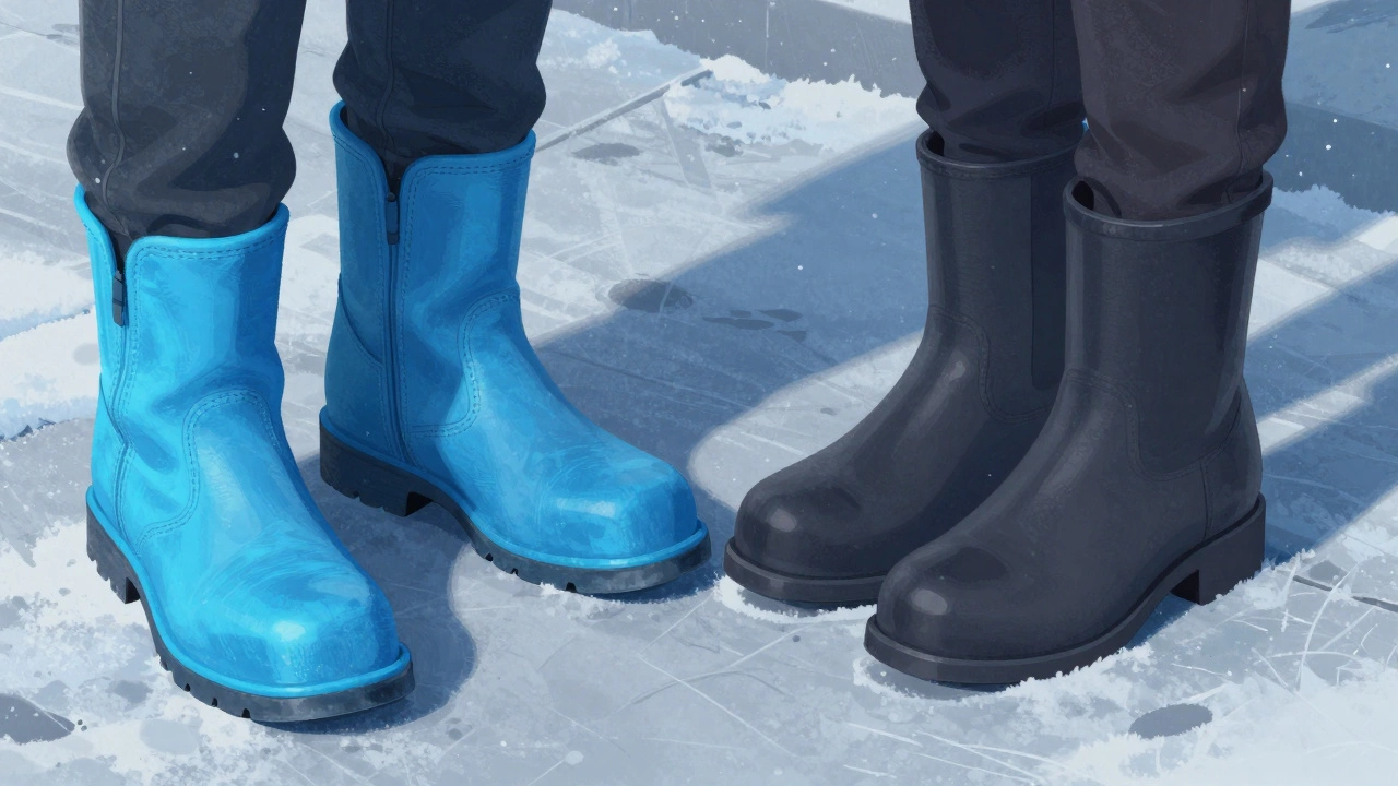 Сравнение устаревших ярких сапог с толстой подошвой и современных темных сапог с округлым носком на снегу.