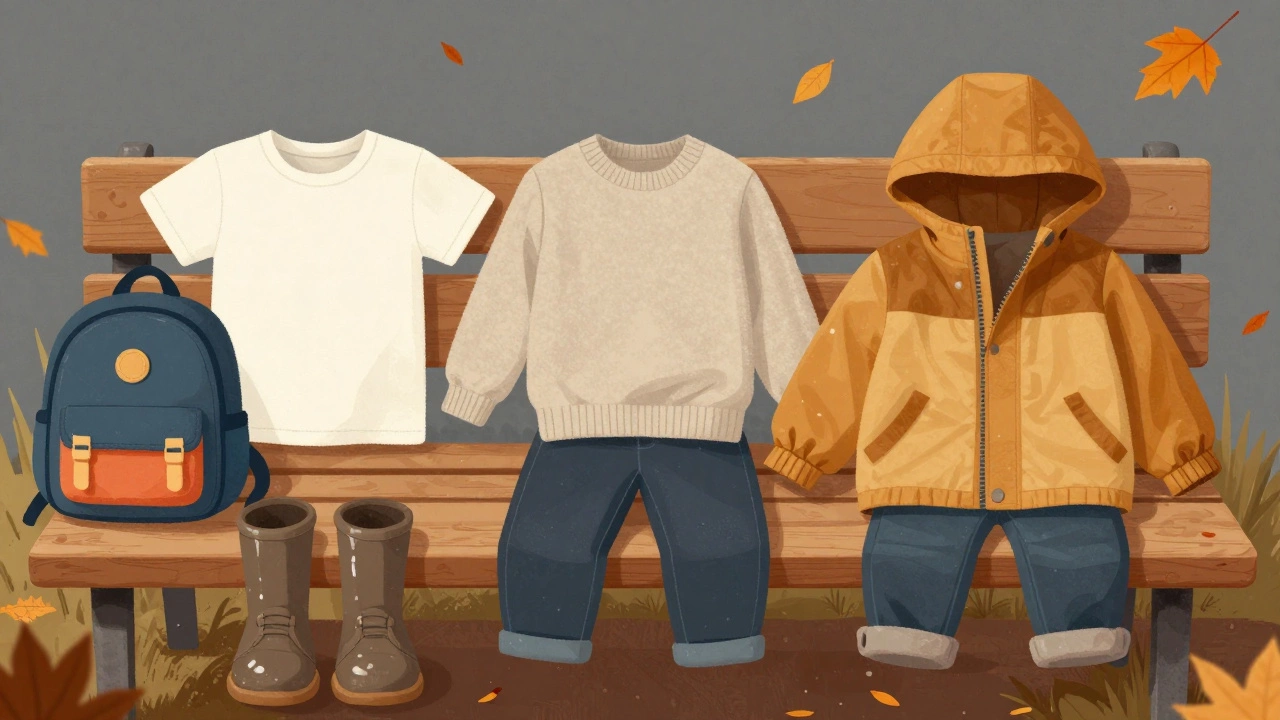 Три функциональных слоя детской одежды для осени: майка, флис, куртка с капюшоном.