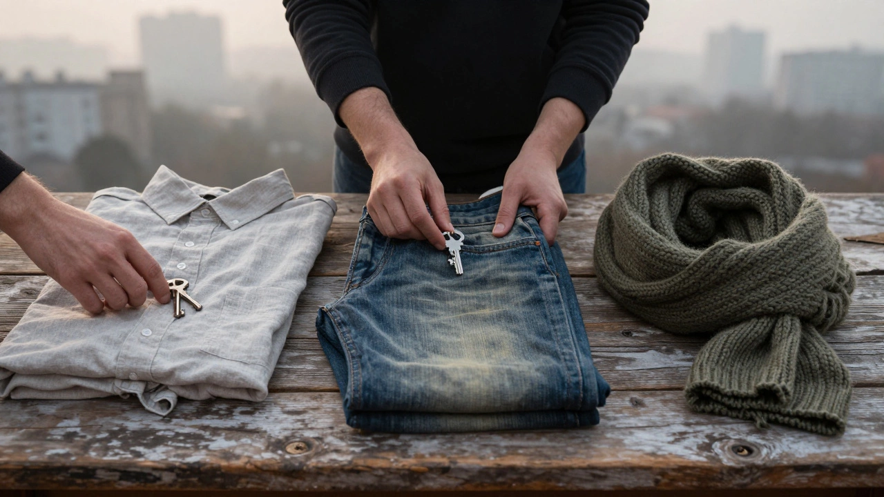 Три руки кладут на деревянный стол худи, джинсы и шарф — без логотипов и ярких цветов.