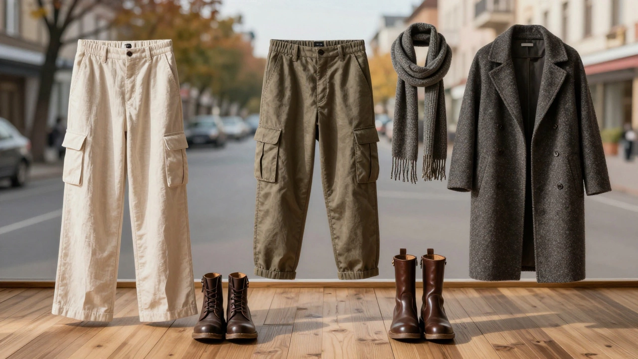 Три типа брюк 2024 года — широкие, карго и капри — на полу рядом с обувью и шарфом.