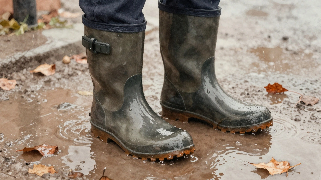 Водонепроницаемые ботинки в луже с дождевыми каплями и осенними листьями