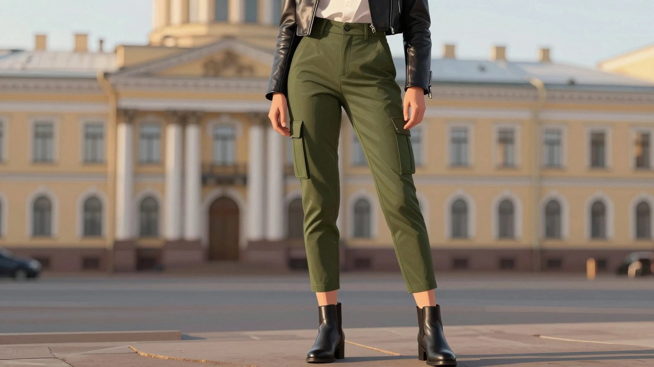 Женщина в брюках-карго оливкового цвета с кожаной курткой в Санкт-Петербурге.