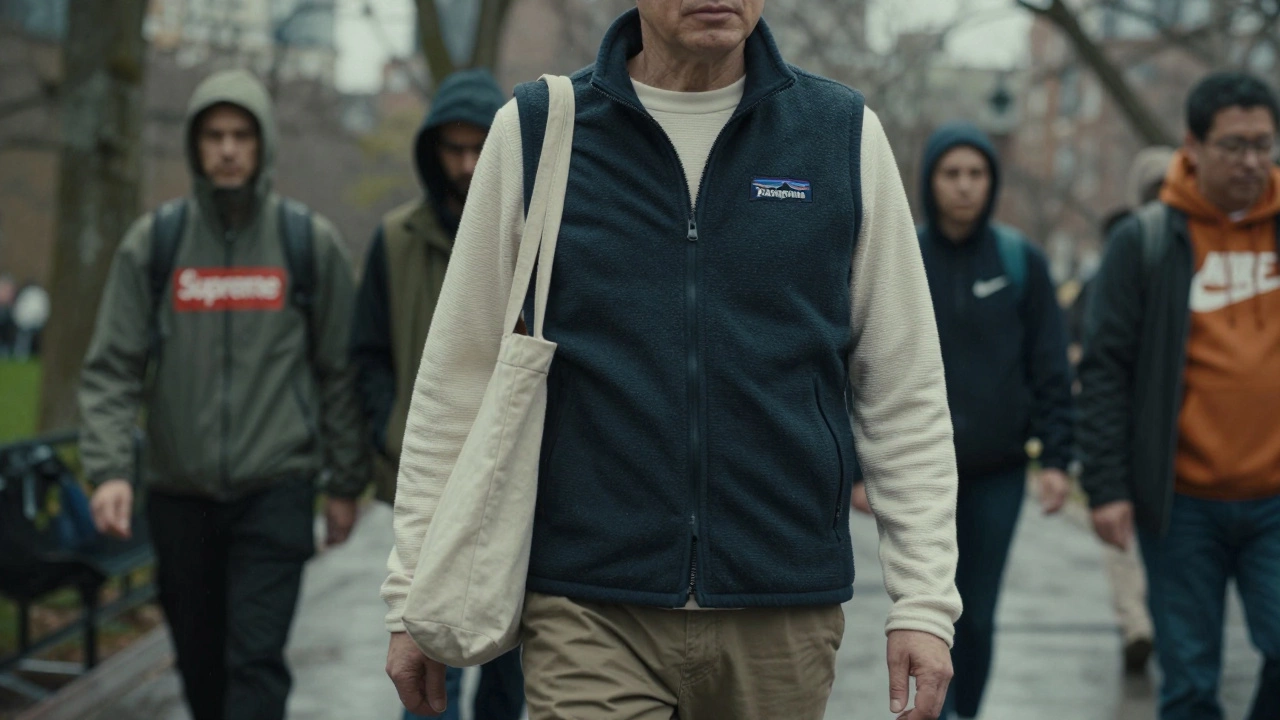 Человек среднего возраста в экологичной одежде гуляет в парке, вокруг — люди в стиле уличной моды, пасмурное небо, атмосфера спокойствия.