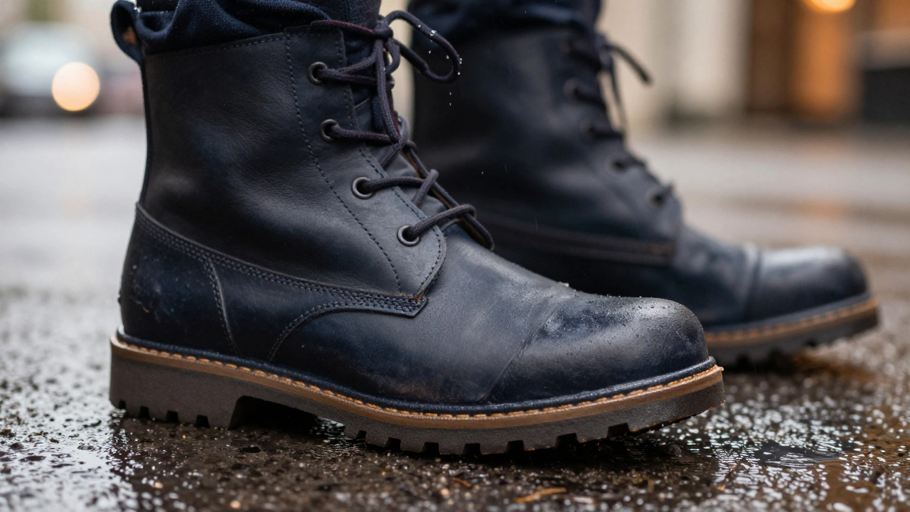 Деталь осеннего ботинка с протектором, отталкивающим воду, на мокрой брусчатке, видна текстура кожи и резиновой подошвы.
