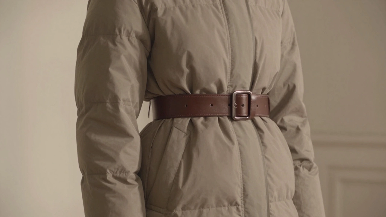 Модель с кожаным ремнем поверх пуховика, акцентирующим талию