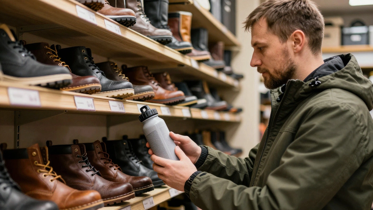 Мужчина проверяет водонепроницаемость ботинка в специализированном магазине обуви, на полках — бренды Slavutich и Russkaya Obuv.