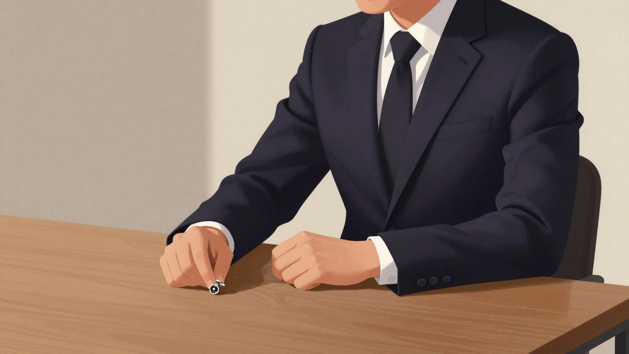 Мужчина в темно-синем костюме сидит за столом, свет играет на ткани, никаких деталей.