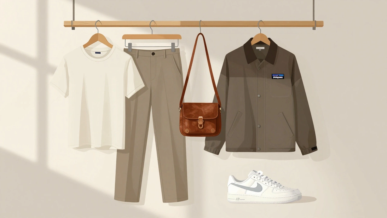 Пять ключевых предметов гардероба: футболка Uniqlo, брюки Everlane, сумка Madewell, куртка Patagonia и кроссовки Nike на светлом фоне.