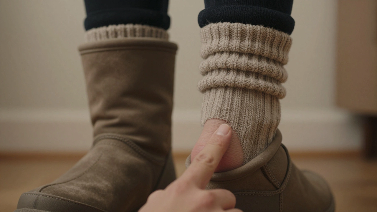 Проверка свободного пространства в ботинке с шерстяным носком для правильного размера.