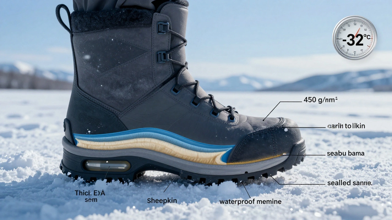 Разрез зимней ботинки с показом утеплителя, воздушной подошвы и герметичных швов на фоне ледяного пейзажа.