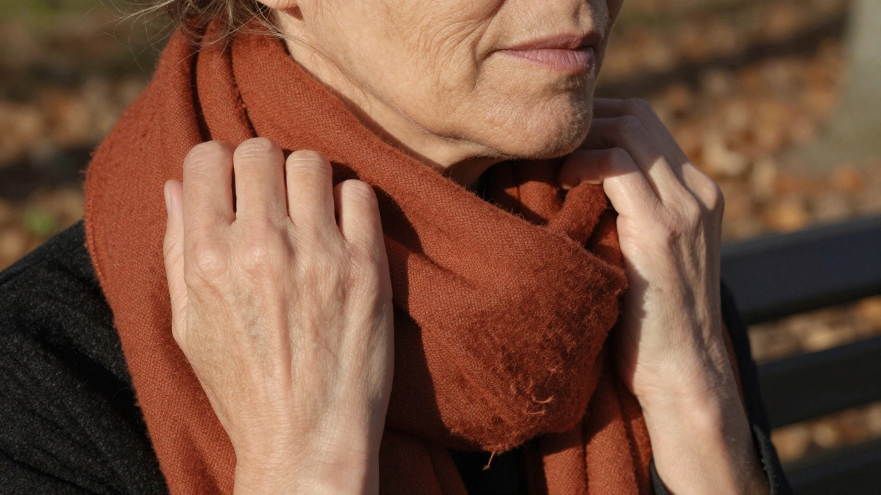 Руки женщины с терракотовым шарфом на шее, мягкий свет и осенний фон.