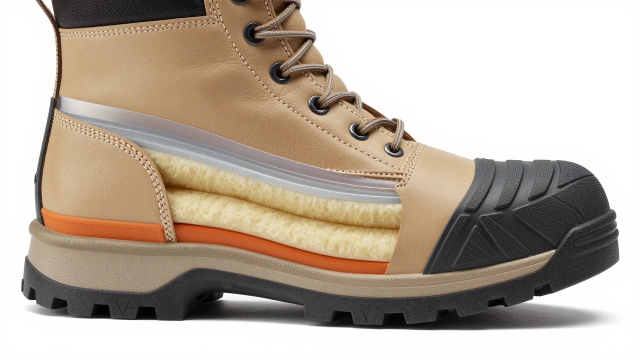 Схематичный разрез зимнего ботинка показывающий слои утеплителя и мембрану.