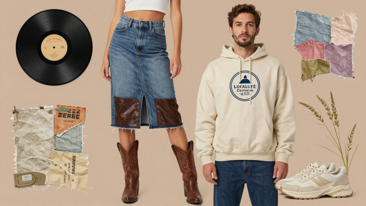 Смешение стилей: деним, ковбойские ботинки, худи с логотипом кофейни и элементы устойчивой моды в одном образе.